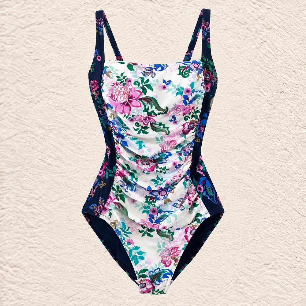Johnny Was Floral Marilyn Ruched One Piece Swimsuit Navy White CSW9025-D